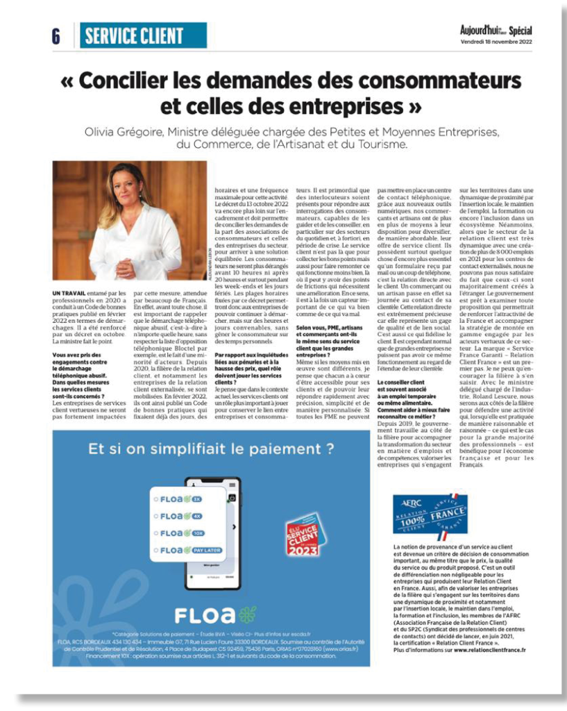 La Ministre Olivia Grégoire a réalisé une interview pour Le Parisien spécial Service Client. La Marque de Garantie AFRC Relation Client 100% France est mise en avant dans l'article.